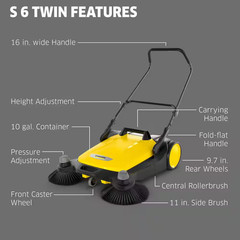 S 6 Twin Outdoor Hand Push Walk-Behind Floor Sweeper – 10 Gal. Capacity