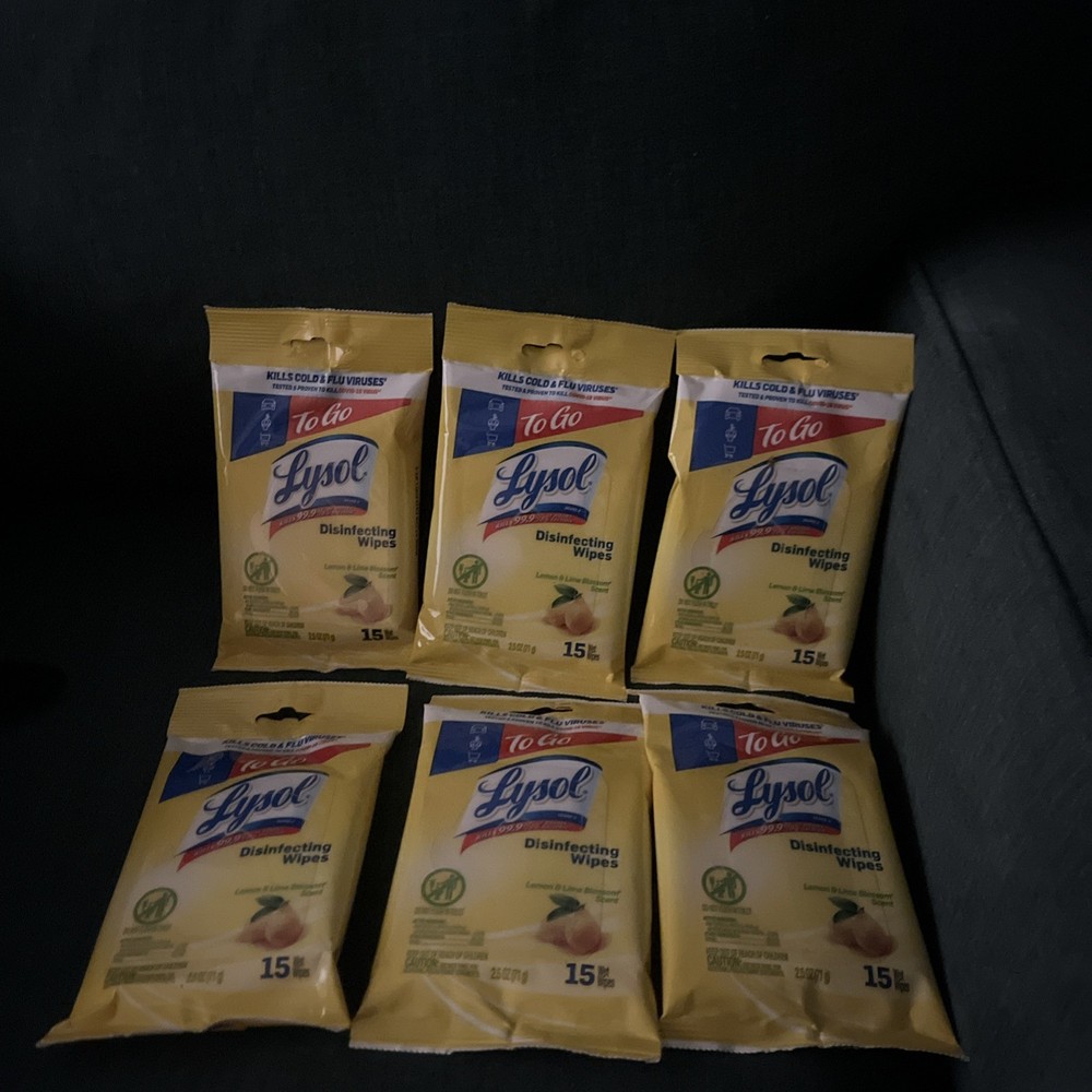6 New Lysol To Go Disinfecting Wipes Lemon Lime Scent, 15 Count Each