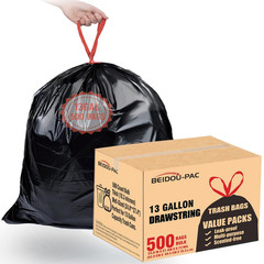 Beidou-Pac 13 Gallon Trash Bags Drawstring 500 Count Bulk Value Pack Black