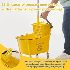 Compact 35 Quart Commercial Mop Bucket with Wringer and Wet Floor Sign – Yellow