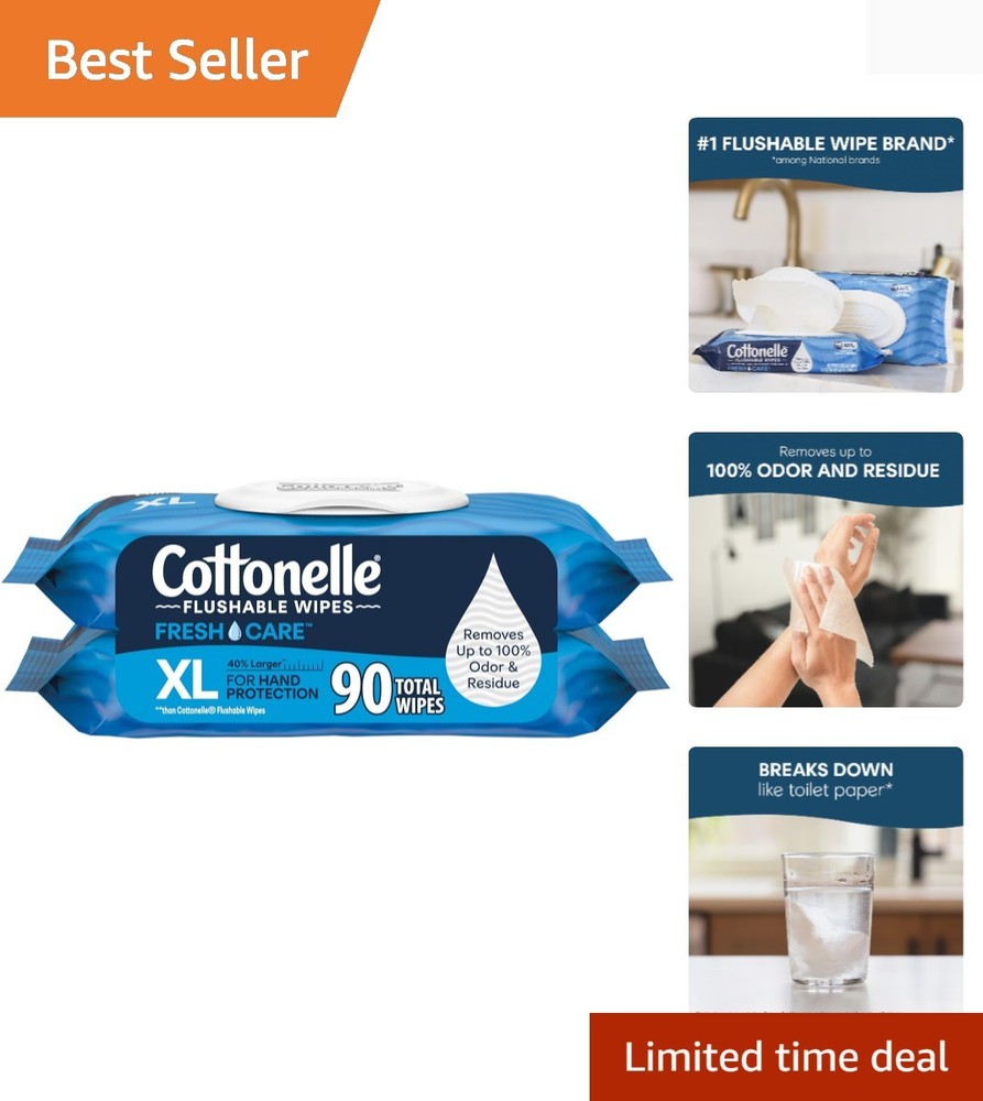 Cottonelle XL Flushable Wet Wipes, Adult Wipes Large, 2 Flip-Top Packs, 45 Wi…