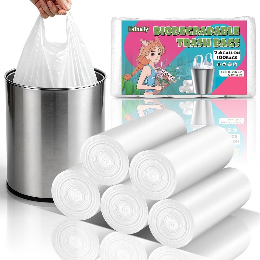 2.6 Gallon Small Trash Bags with Handles, White Bathroom Mini Garbage Bags, U…