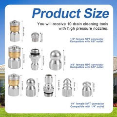 10pcs Sewer Jetter Nozzle Kit – Stainless Steel, 1/4″ & 3/8″ NPT M, Silver