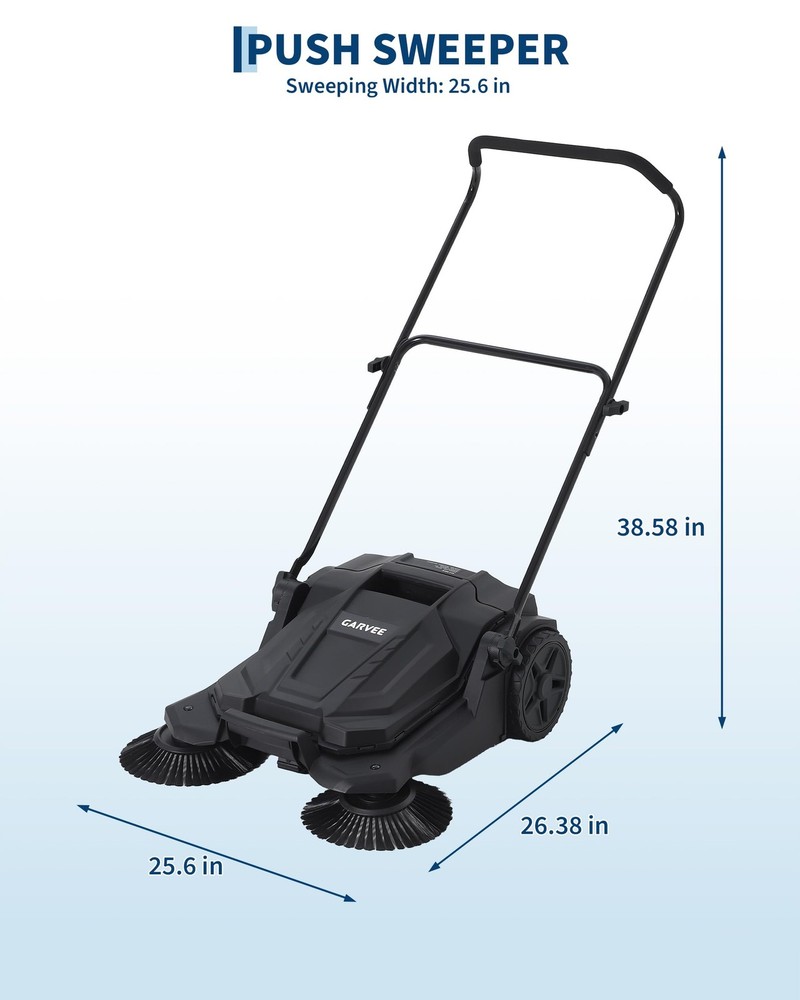 Hand Push Floor Sweeper Walk Behind 25.6 Width 5 Gal Waste Container New