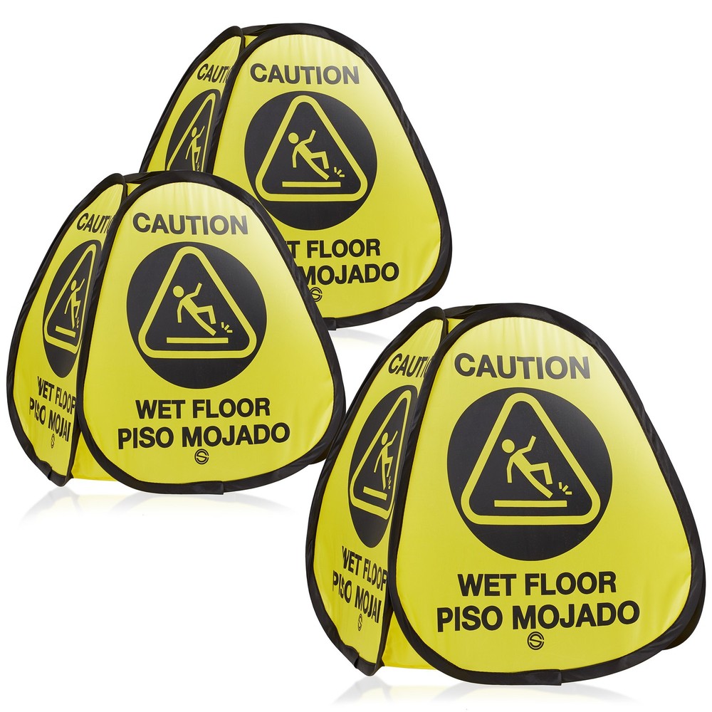 3 Pk 16″ Pop-up Caution Wet Floor Signs, Yellow 4-Sided English/Spanish Warnings