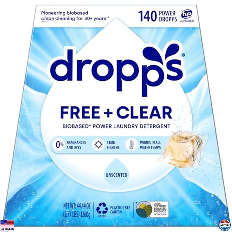 Dropps Free + Clear Biobased Laundry Detergent Pods, Unscented, 140 Count, HE