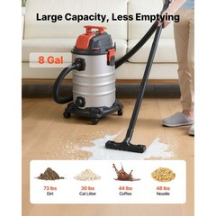 8 Gallon Wet Dry Vacuum, 6 Peak HP, Self – Cleaning Dual – Filter, Metal Tank