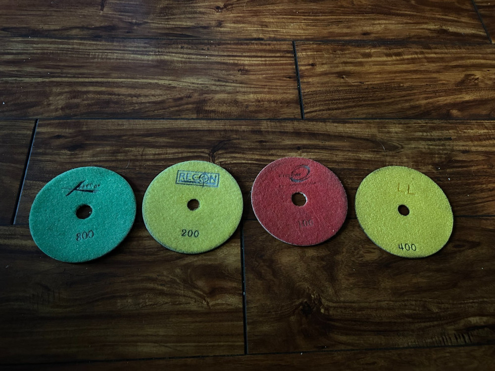 Cyclone wet polish pad 5″ 100 grit, Recon pad. 200 Grit, Xpeed pad 800 grit, +1