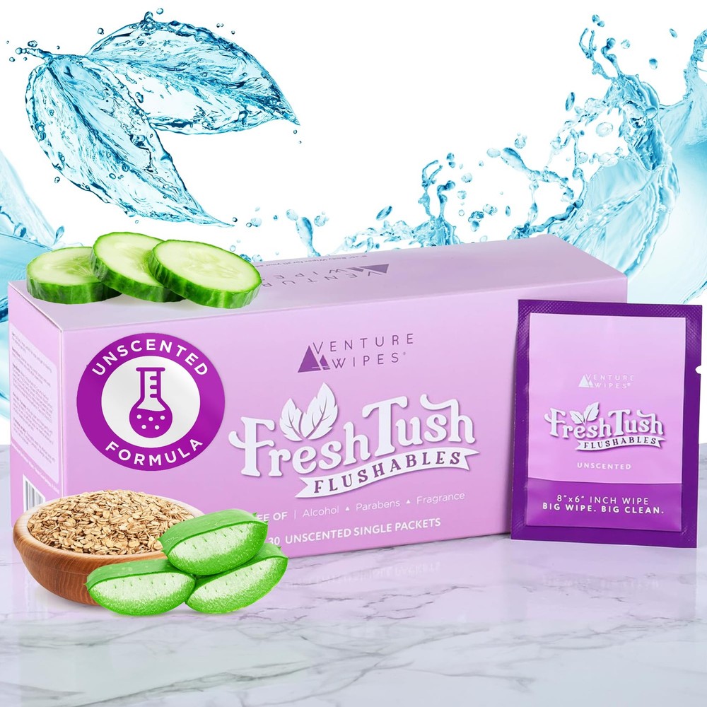 Venture Wipes FreshTush Flushables Unscented – 30 Count (Pack of 1), White