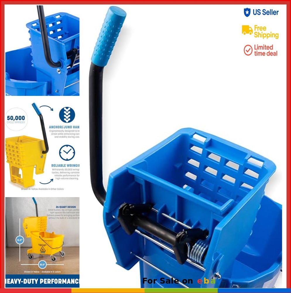 Commercial Mop Bucket 26 Quart Side Press Wringer Blue Polypropylene Floor