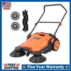 Walk-Behind Hand Push Floor Sweeper 25.6″ Width Sweeper 5-Gallon Waste Container