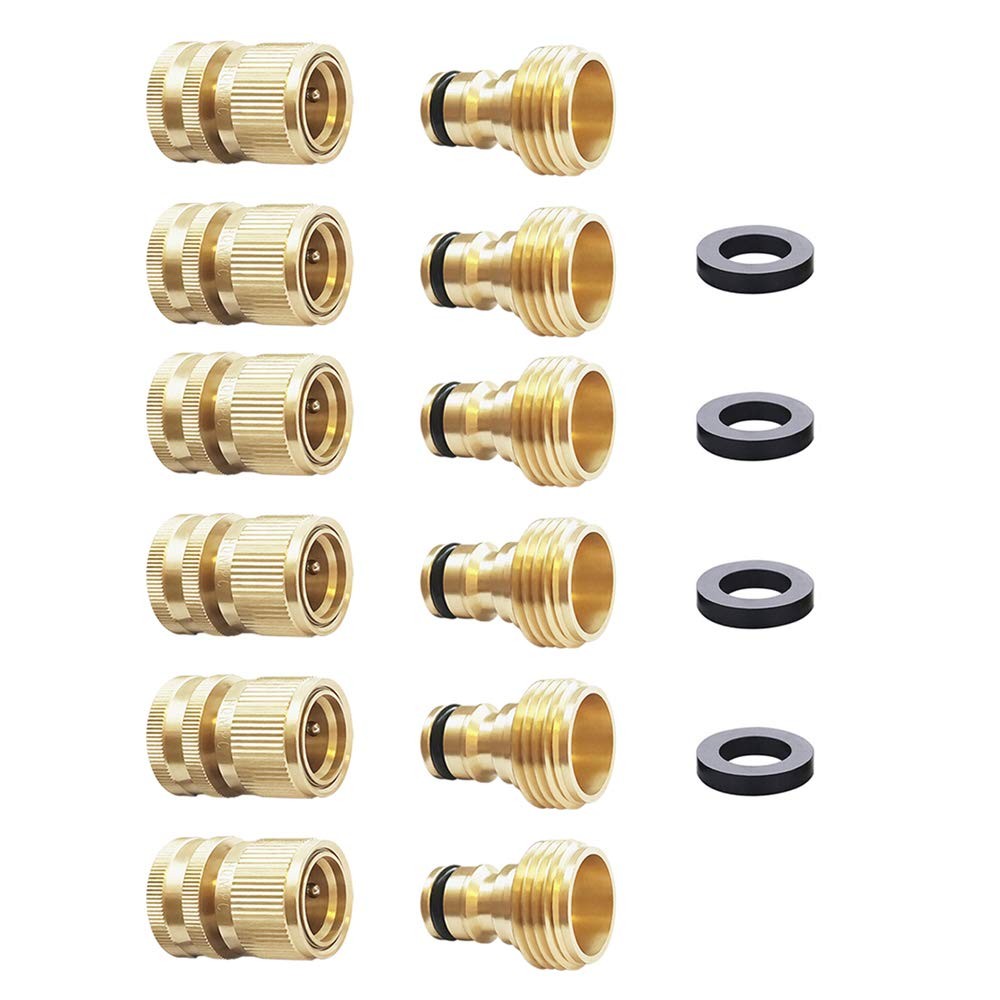 HQMPC Garden Hose Quick Connect Solid Brass Connector 6 Sets, Gold