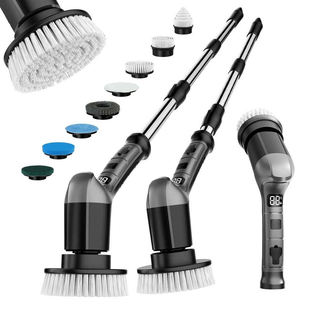 Gray Electric Spin Scrubber with 3 Speed Adjustable Extension Handle