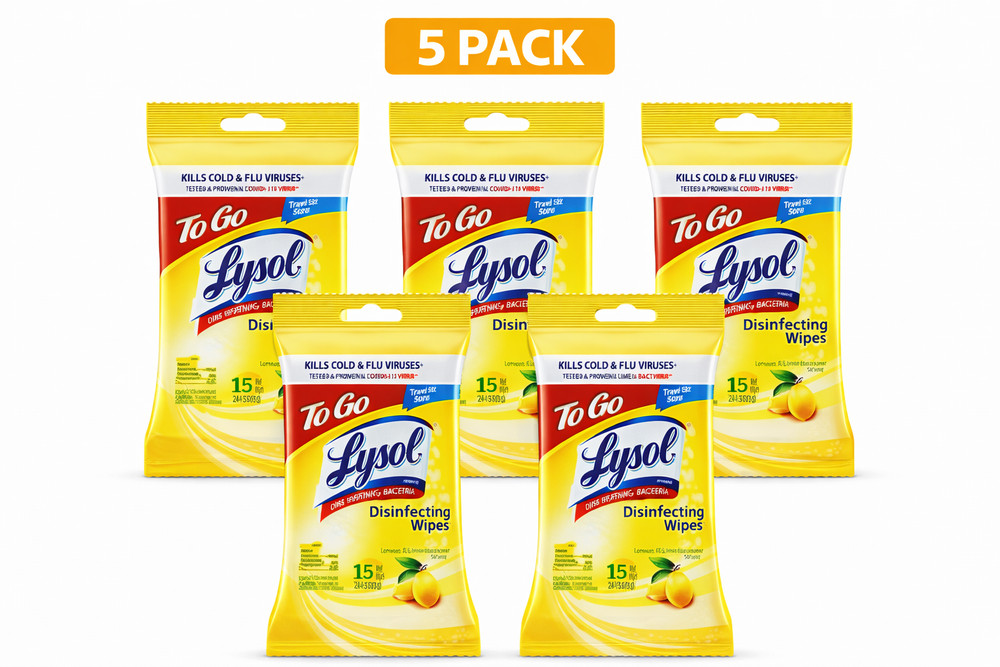 Lysol Disinfecting Wipes To Go 5 Pack 15ct Lemon Lime Travel Size Kills 99.9%