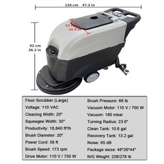 Automatic Floor Scrubber & Dryer (110V, 20″ Brush, 750W / 1.0HP Brush Motor)