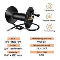4000 PSI 3/8″ x 100′ Hose Reel for High Pressure Power Washer and Sewer Jetter