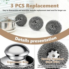Steel Wool Scrubber, 4-Pack Stainless 1 Handle+3 Pads, Silver-gray
