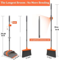 Ivandar Broom and Dustpan Set Long Handle Upright for Home Gray Orange