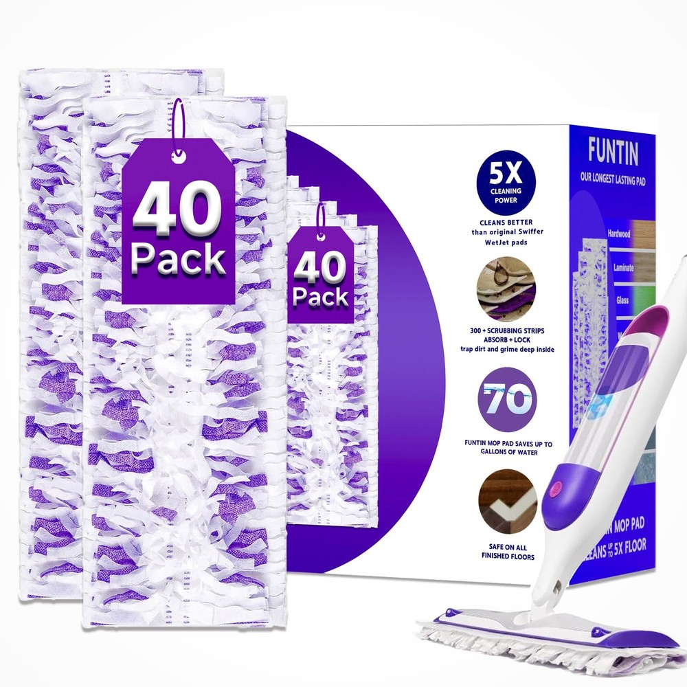 Funtin Power Mop Pads for Swiffer PowerMop, Unscented 40 Packs, White-purple