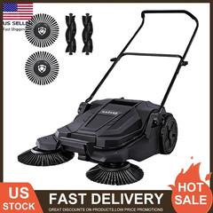 Garvee Walk Behind Hand Push Floor Sweeper 25.6″ Width 5 Gallon Waste Container