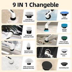 Electric Spin Scrubber for Cleaning, 9 in 1 Changeable Bathroom Black&white