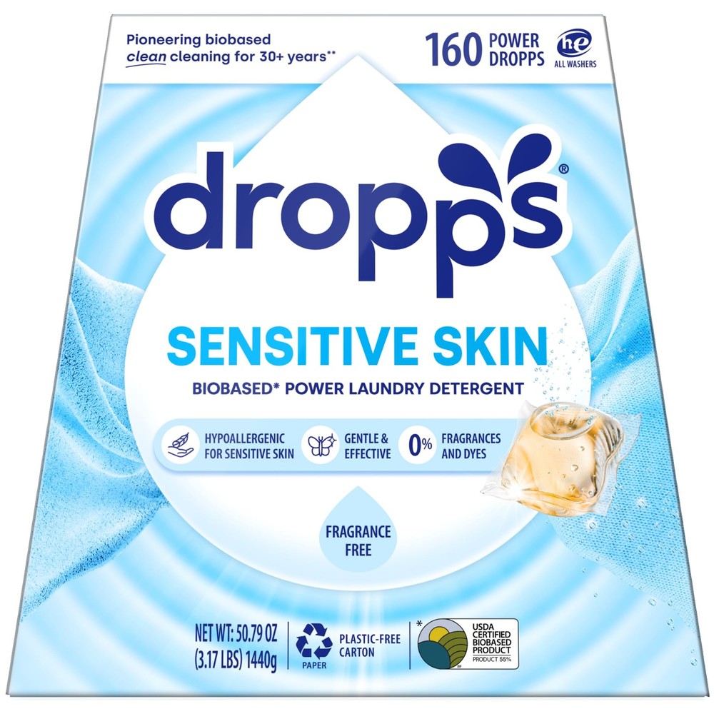 Dropps Sensitive Skin Laundry Detergent Pods Unscented 160 Ct – Hypoallergenic