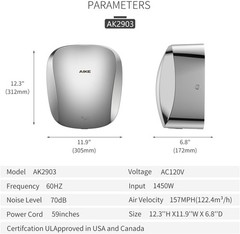 AIKE AK2903 Heavy Duty Commercial Hand Dryer with Hepa Filter Brushed Stainle…