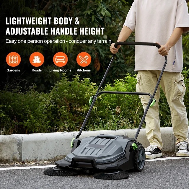 SucceBuy 25.6″ Walk Behind Floor Sweeper 5 Gal Commercial Adjustable – Free Ship