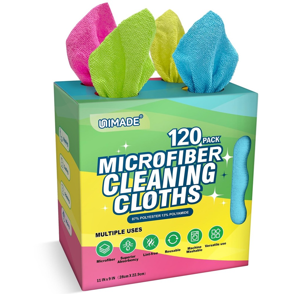 UNIMADE Microfiber Cleaning Cloth, 120 120 Pack, Pink & Yellow & Green & Blue