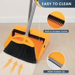 REEWII Large Broom and Dustpan Set，Long Handle Upright Dust Pan Orange