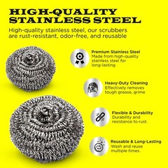 6 pcs Stainless Steel Scourer, Scrubber for Cleaning Pots, Dishes, Ovens, Grills