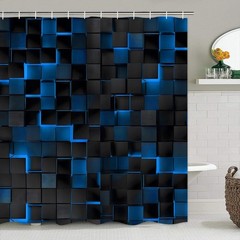 4Pcs Blue Shower Curtain Set 3D Cubes Bathroom Sets Modern Shower Curtain Set