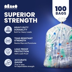 Plasticplace 56 Gallon Clear Trash Bags, 1.5 MIl, 43” x 46”, 100 Count
