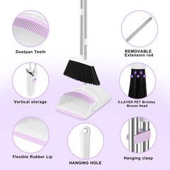 Broom with Dustpan Combo Set for Home, 52-in Long Adjustable White-purple