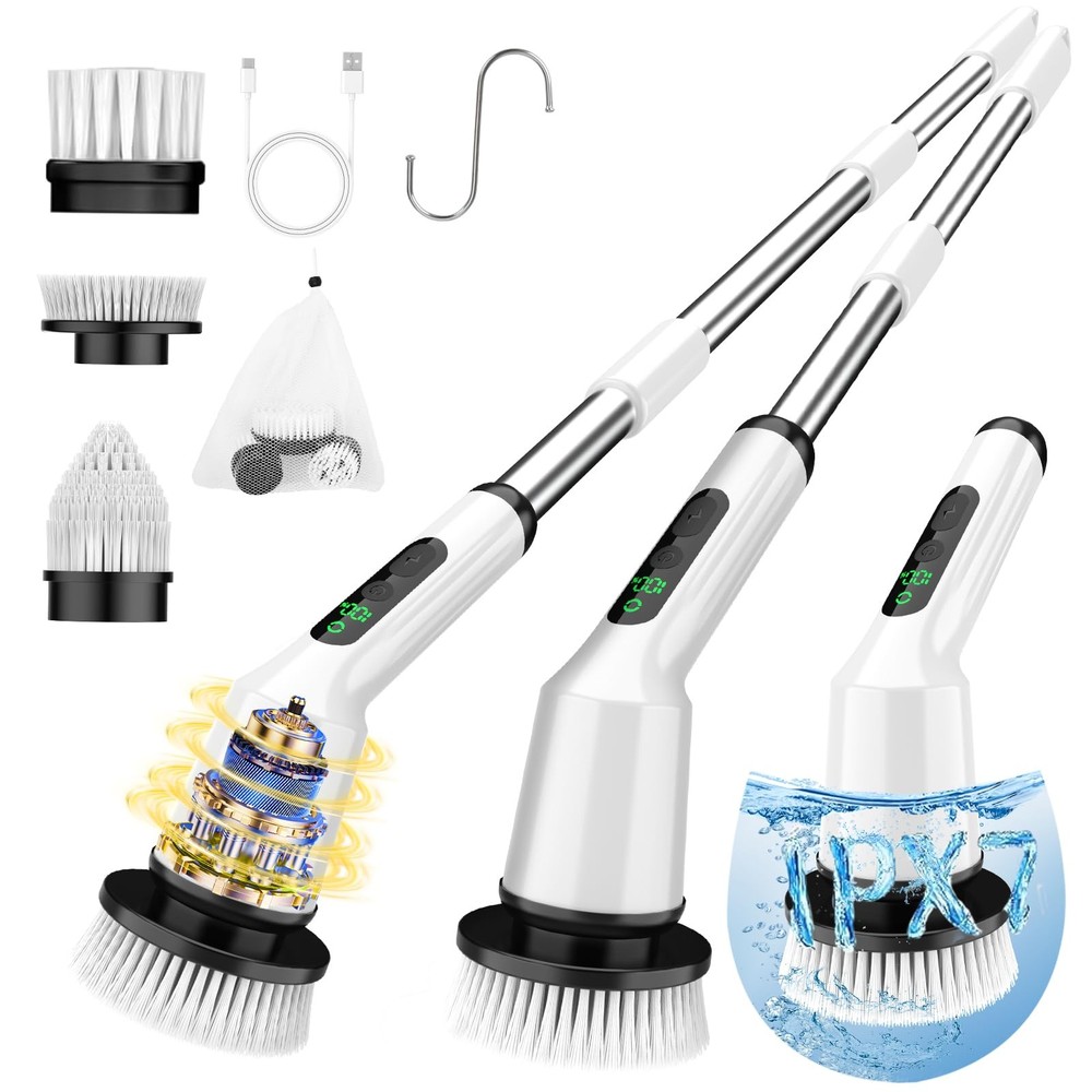 Electric Spin Scrubber for Cleaning Bathroom, Shower 3 Brush Heads, White