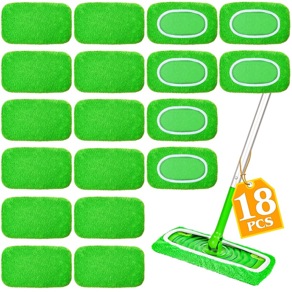 18-Pack Reusable Mop Coral Fleece 18p Sweeper Reusable(Green), Green-18 Pack