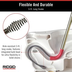 RIDGID 59787 Model K-3 Toilet Auger with Unclogging 3-foot, Stainless, Red