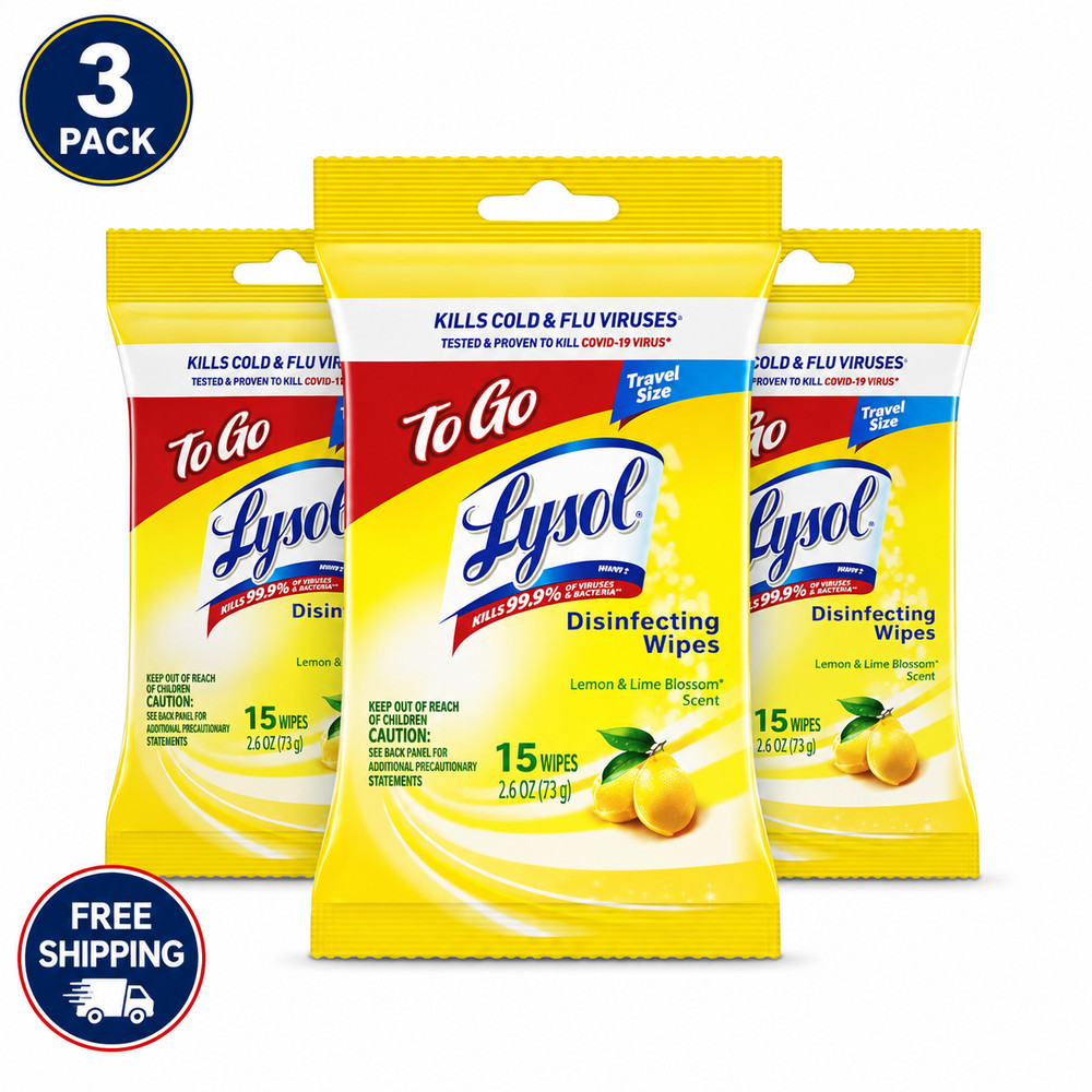 Lysol Disinfecting Wipes To-Go Pack Lemon Scent Travel Size 15 Wipes 3 Pack