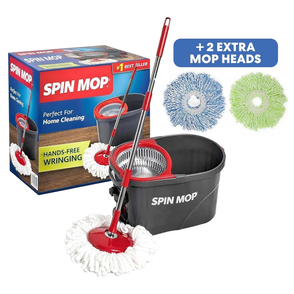 Simpli-Magic 79349 Spin Mop Cleaning System with 3 Microfiber Kit, Red/Black