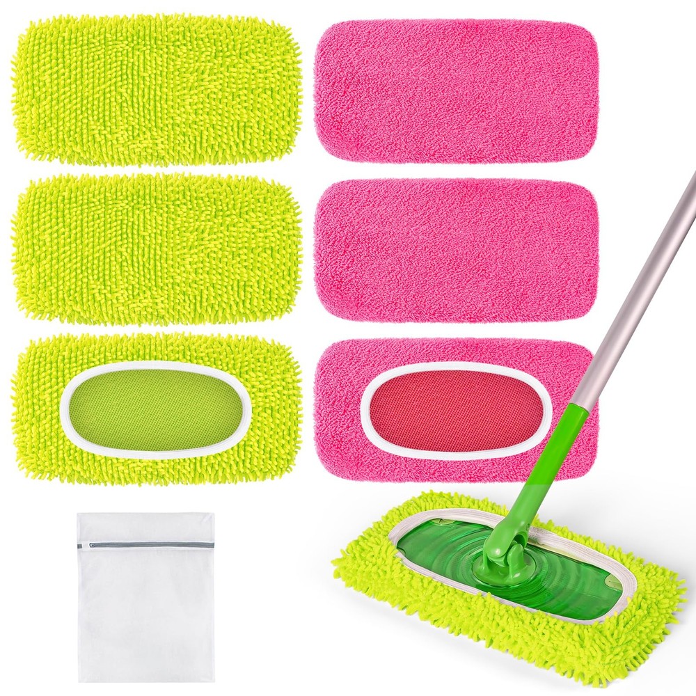 6 Pack Reusable Mop Pads Compatible with Swiffer Sweeper 10-inch, Green, Pink
