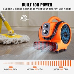 VEVOR Floor Blower Fan Air Mover 1000 CFM 3-Speed 1/4 HP Floor Carpet Dryer