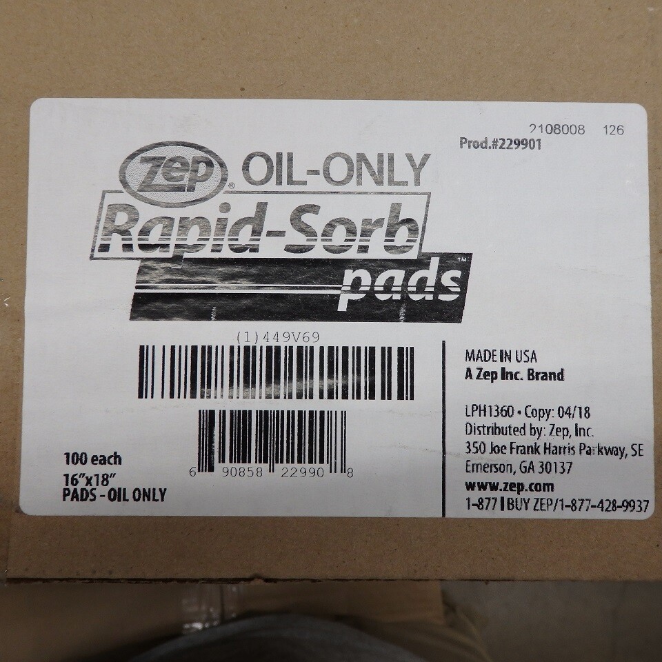 100 Pack of Zep 16″ x 18″ White Oil-Only Rapid-Sorb Pads 229901