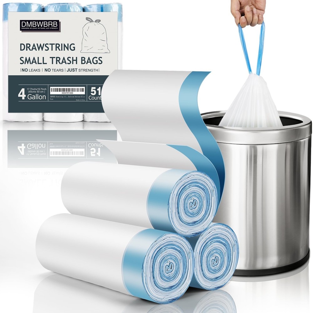 Drawstring 4 Gallon Trash Bag 51 Counts, Tear-Free & Leakproof Small Trash Ba…