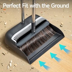 CTIME Broom and Dustpan Set, Extra Brush Head & 52″ Adjustable Black, Gray