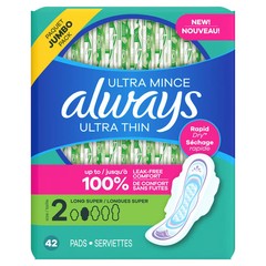 Always Long Absorbency Unscented Ultra Thin Pads with Wings – Size 2 – 42ct