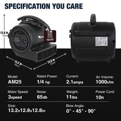 MOUNTO 1/4HP 1000CFM Air Mover Fan, 3-Speed, ETL-Certified, for Drying & Cooling