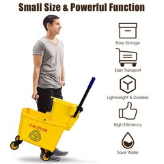 Commercial Mop Bucket Side Press Wringer on Wheels Cleaning 26 Quart Yellow
