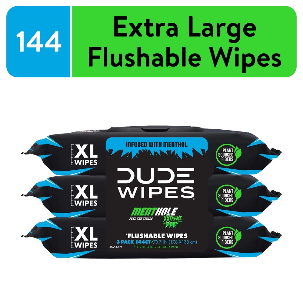 Flushable Wipes, XL Wet Wipes for at Home Use, MentHOLE XXtreme, 144 Count