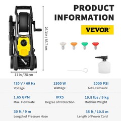 VEVOR Electric Pressure Washer, 2000 PSI, Max 1.65 GPM Power Washer with 30 ft H