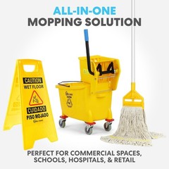 Yellow Mop Bucket Set with Side Press Wringer & Wet Floor Sign – Durable